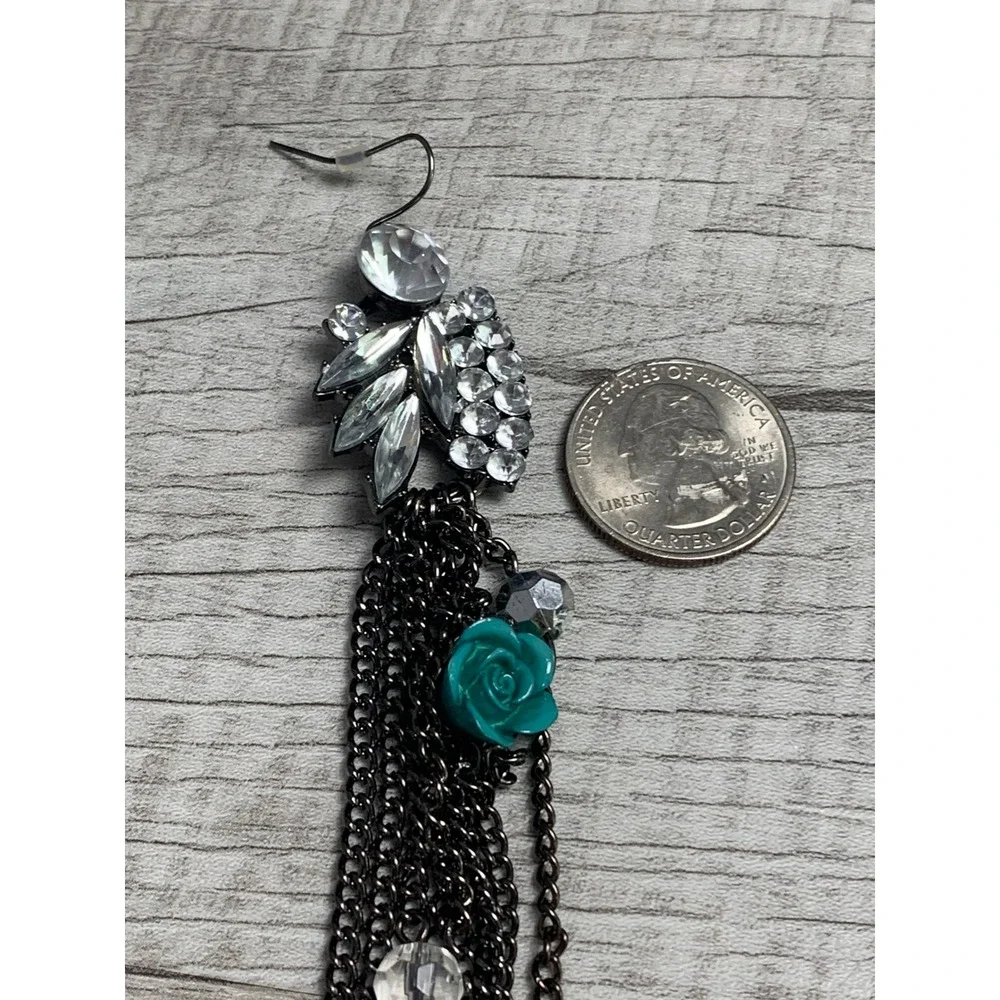 Gunmetal Crystal Tassel Earrings Turquoise Rose Multi Chain Dangle 3785